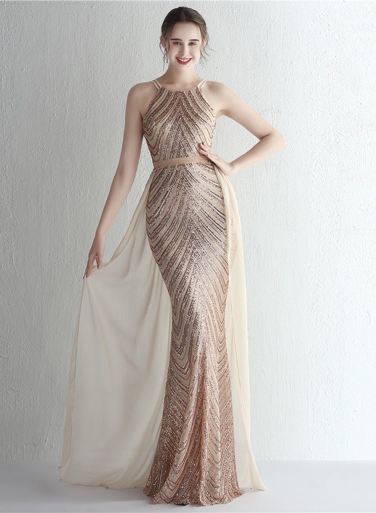 Meilun Rose Gold Sequin Halter - Neck Evening Gown with Chiffon Overlay - Image 5