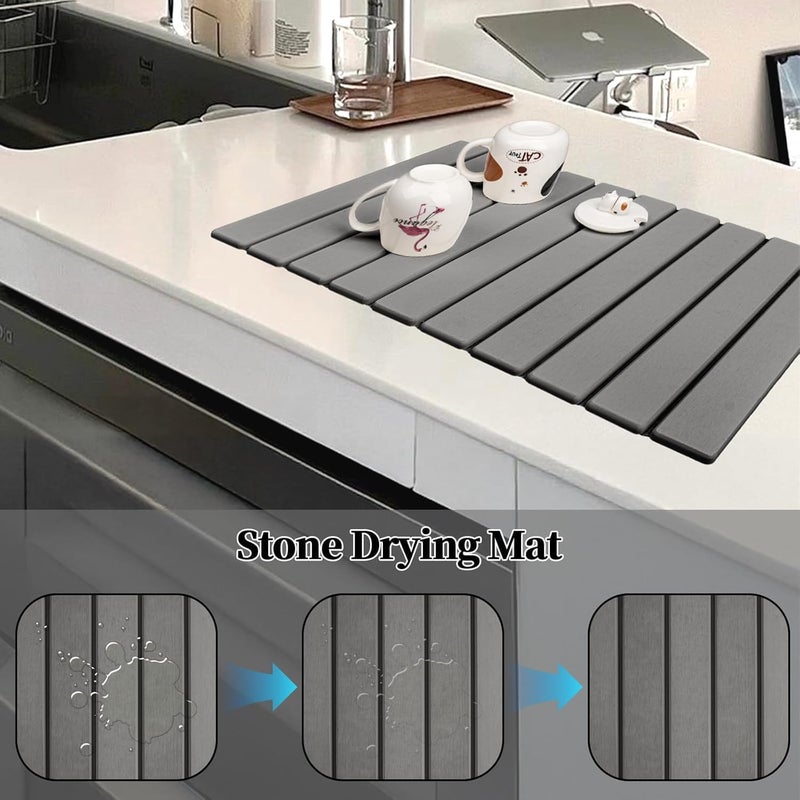 Stone Drying Mat for Kitchen Counter - 24" x 16" Fast Water-Absorbing Diatomite Mat in Gray - Image 3