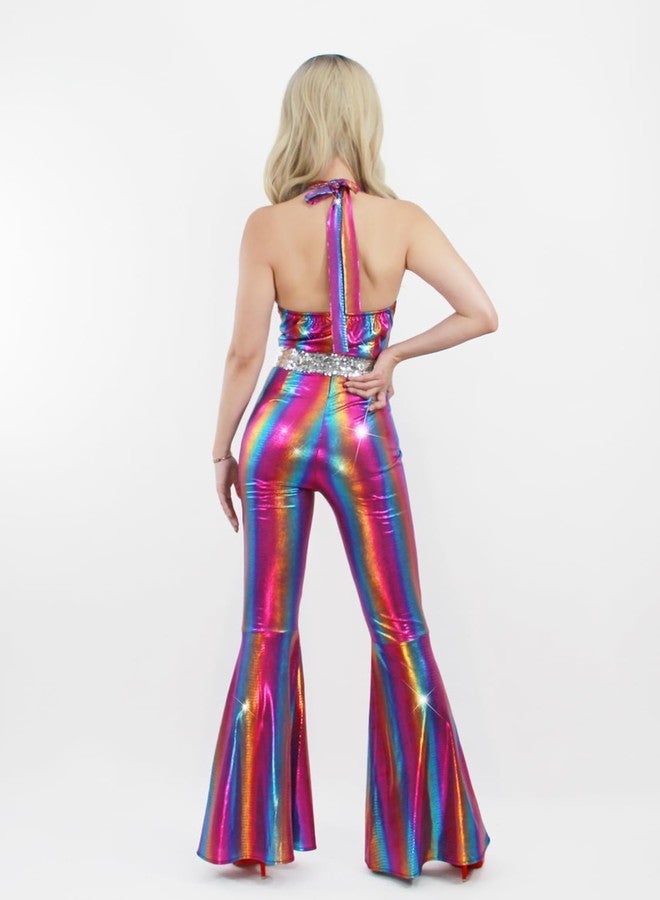 Nawgut Disco Outfit 70s 80s Prom Sparkle Flare Jumpsuit Party Costume Halloween Cosplay For Adult Women-Small - Image 4
