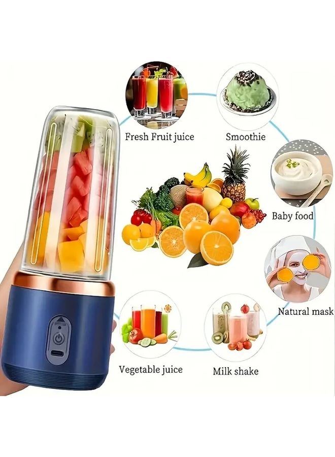 Blue Portable USB Rechargeable Juicer 2 In 1 Fruit Blender With 6 Blades For Smoothies Milkshakes - Image 3