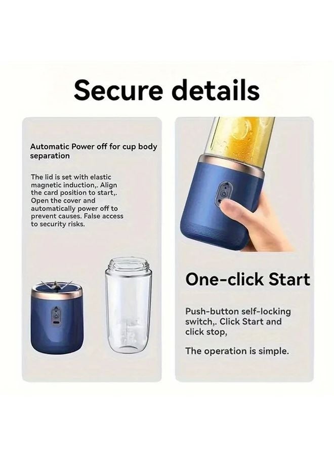 Blue Portable USB Rechargeable Juicer 2 In 1 Fruit Blender With 6 Blades For Smoothies Milkshakes - Image 4