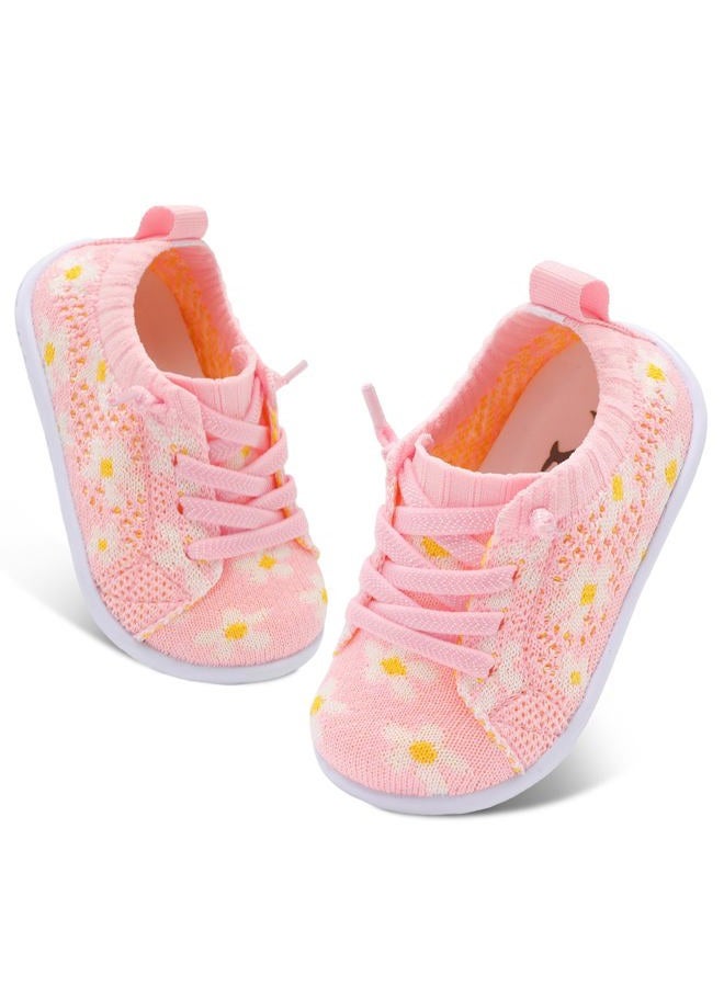 FEETCITY Lightweight Baby First Walking Shoes Boys Girls Slip On Shoes Breathable Baby Sock Shoe Barefoot Infant Sneakers, Pink Flowers, 12-18 Months - Image 1