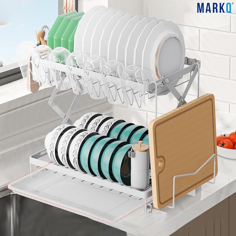 MARKQ حامل تجفيف الأطباق ذو الطبقتين مع لوح تصريف وحامل أدوات – منظم أطباق معدني قابل للطي لمطبخك | حامل أطباق موفر للمساحة للأطباق، الأوعية، الأكواب والأدوات – أبيض - Image 2