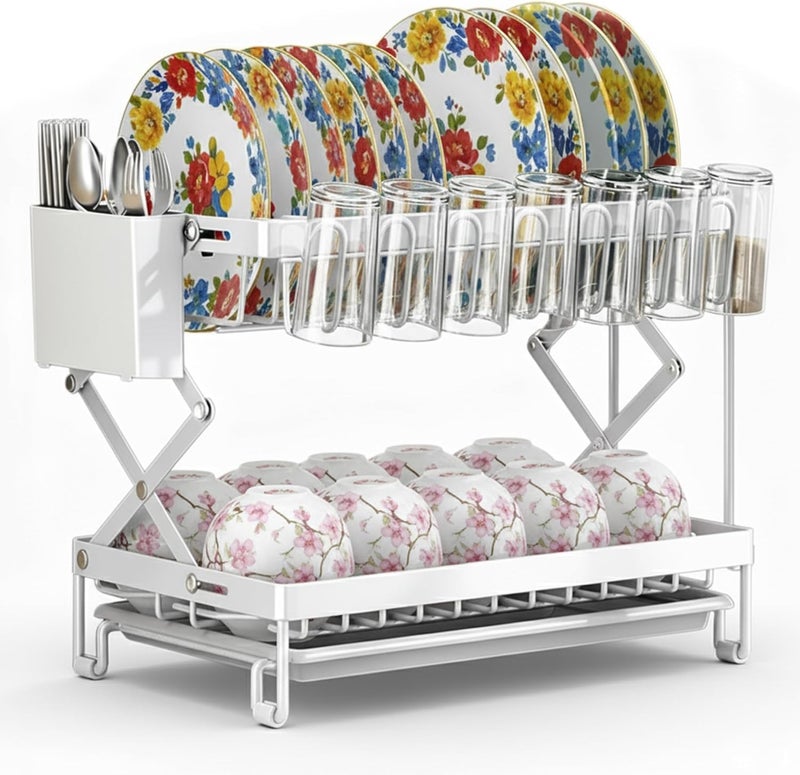 MARKQ حامل تجفيف الأطباق ذو الطبقتين مع لوح تصريف وحامل أدوات – منظم أطباق معدني قابل للطي لمطبخك | حامل أطباق موفر للمساحة للأطباق، الأوعية، الأكواب والأدوات – أبيض - Image 1