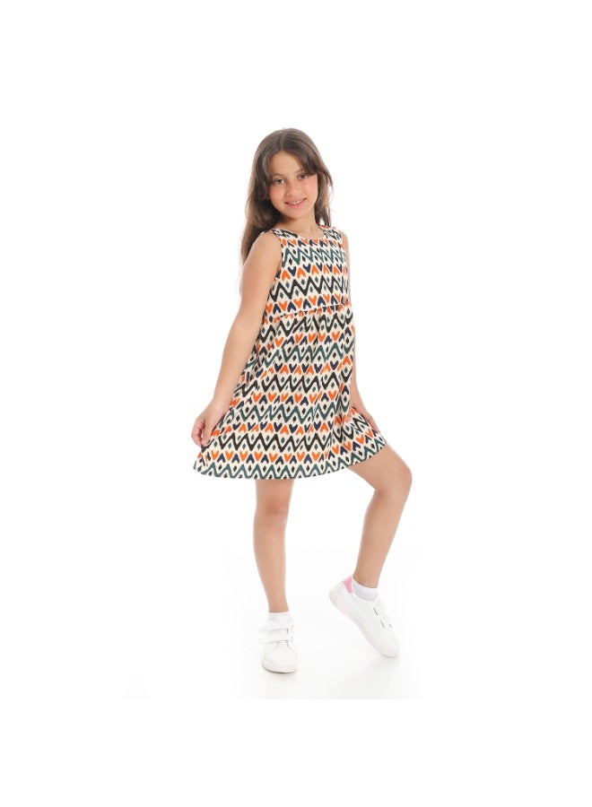 Andora Back Decorative Bow Sleeveless Girls Dress_Beige, Orange and Navy Blue - Image 4