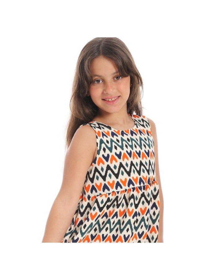 Andora Back Decorative Bow Sleeveless Girls Dress_Beige, Orange and Navy Blue - Image 3