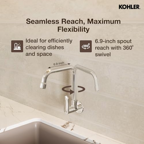 Kohler Beam Kitchen Faucet | Wall Mounted Kitchen Sink Tap | Cold-Only Single Lever Faucet with 360° Swivel | Water Saving Aerated Flow | Polished Chrome Finish | 10 Years Warranty - Image 5