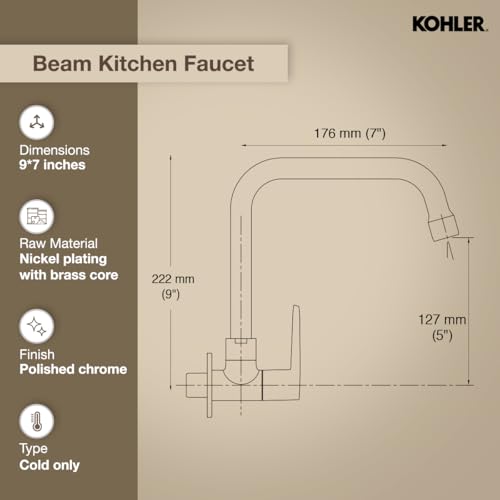 Kohler Beam Kitchen Faucet | Wall Mounted Kitchen Sink Tap | Cold-Only Single Lever Faucet with 360° Swivel | Water Saving Aerated Flow | Polished Chrome Finish | 10 Years Warranty - Image 2