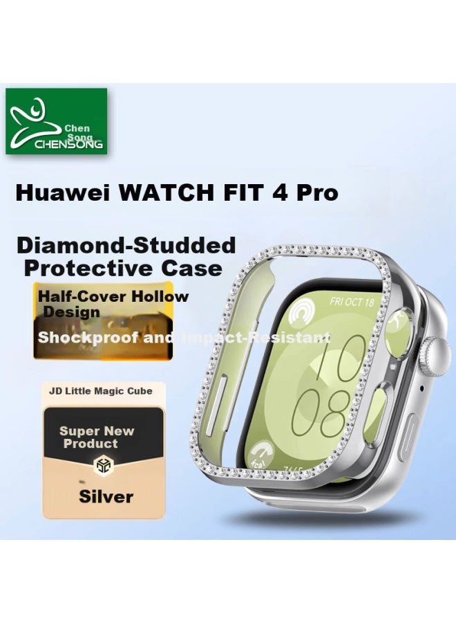 Chensong Huawei Watch Fit4 Pro Protective Case Half-cover Hollow Diamond Inlaid Women's Silver Anti-p Shell