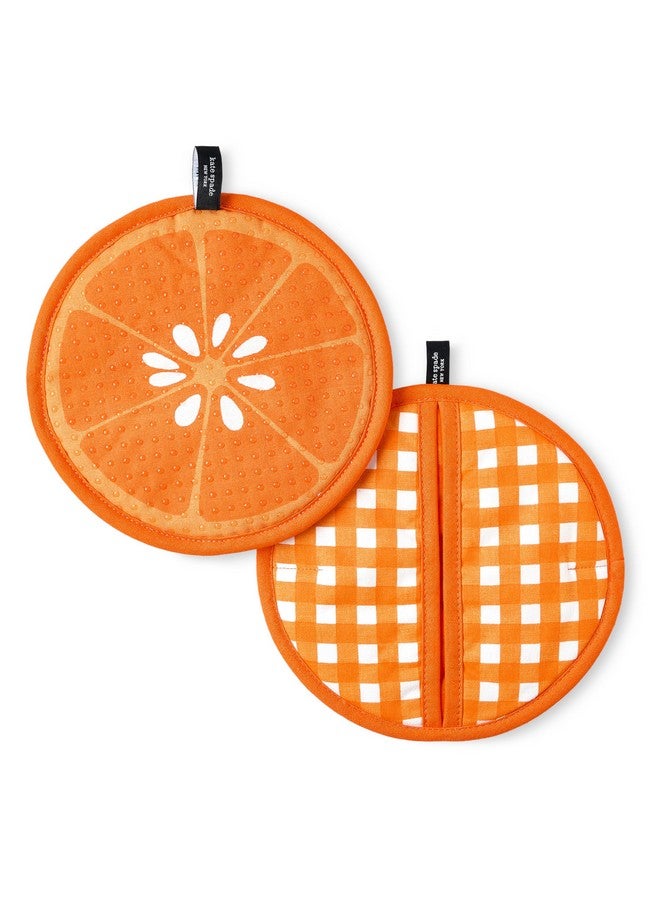 Kate Spade New York Squeeze The Day And Spring Gingham Pot Holder 2-Pack Set, Heat Resistant, 100% Cotton, Orange, 8"  - Image 1