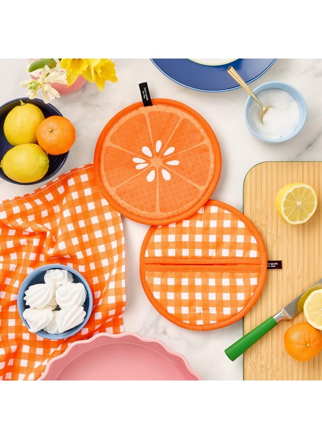 Kate Spade New York Squeeze The Day And Spring Gingham Pot Holder 2-Pack Set, Heat Resistant, 100% Cotton, Orange, 8"  - Image 2
