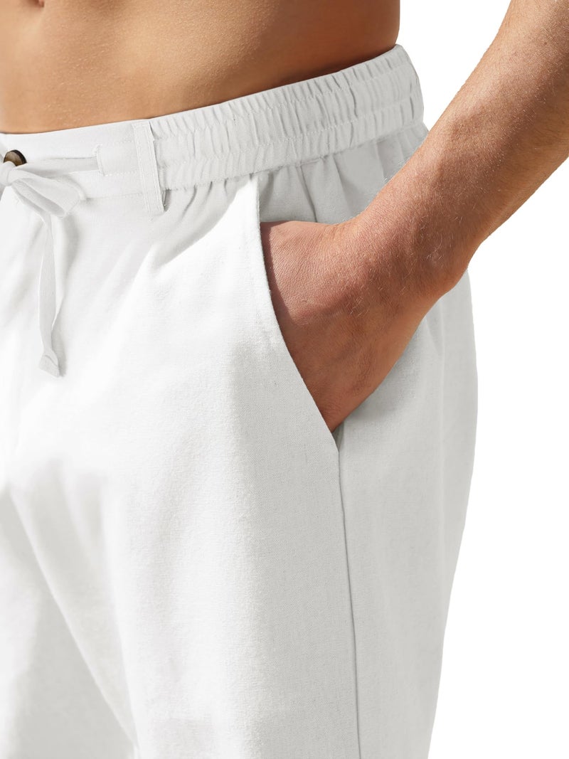 PLEPAN Mens Casual Linen Shorts - 7 inch Summer Beach Elastic Waist Drawstring Short White Medium - Image 4