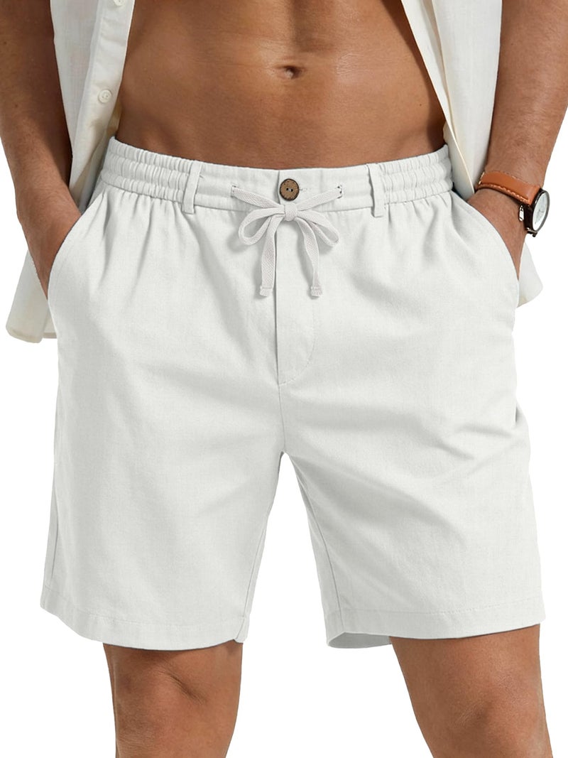PLEPAN Mens Casual Linen Shorts - 7 inch Summer Beach Elastic Waist Drawstring Short White Medium - Image 1