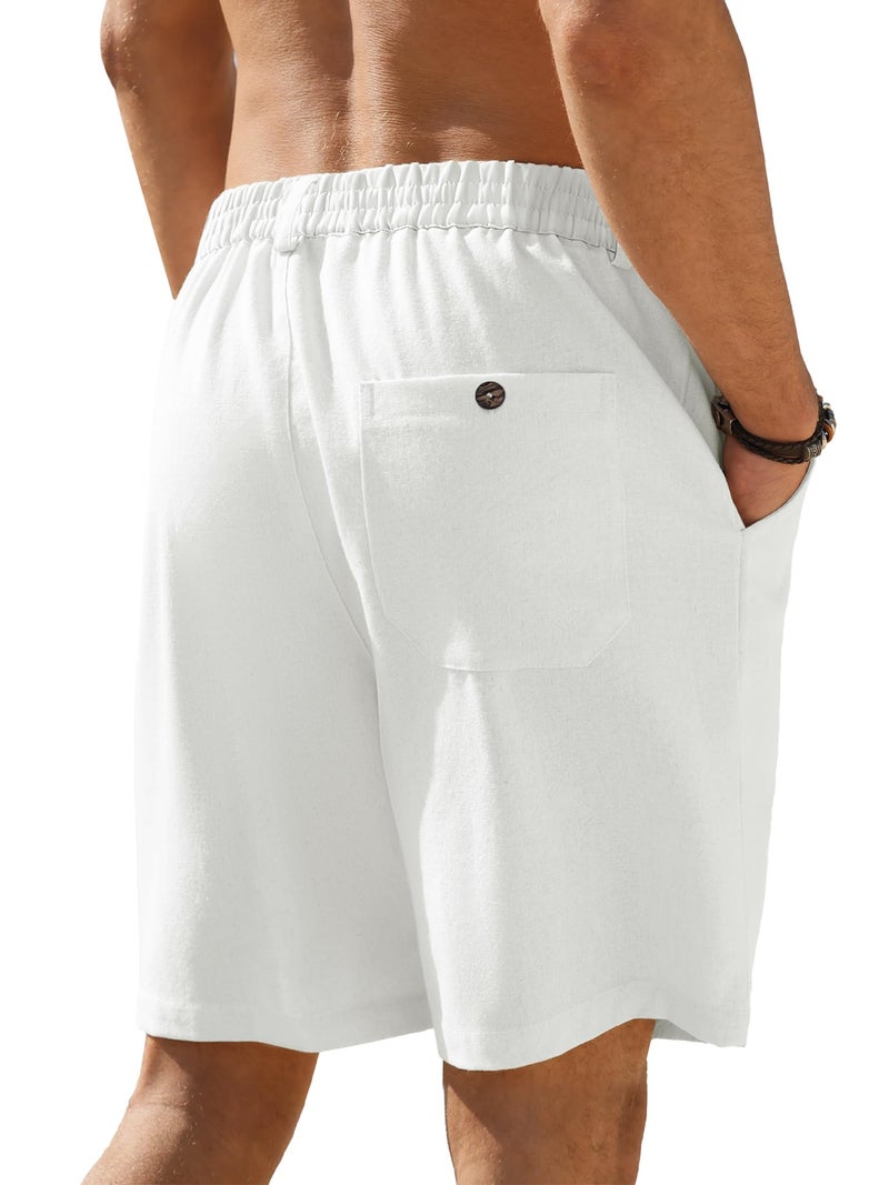 PLEPAN Mens Casual Linen Shorts - 7 inch Summer Beach Elastic Waist Drawstring Short White Medium - Image 2