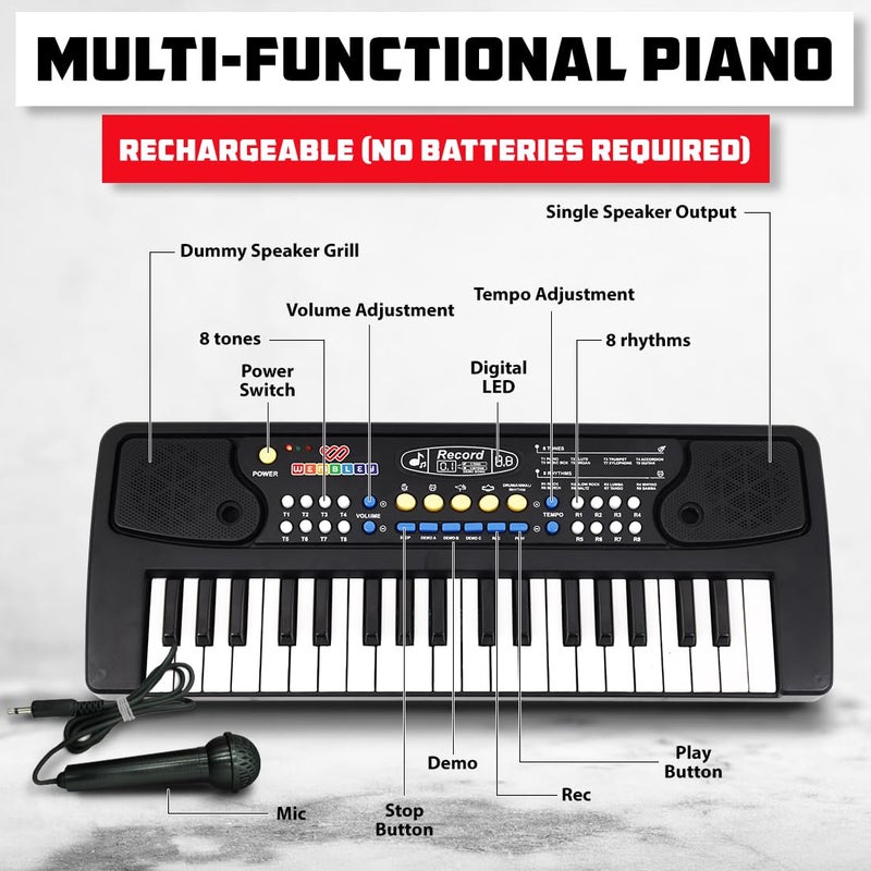 Wembley Kids Piano with Mic - Rechargeable & Portable Electronic Keyboard Musical Toy for Beginners Boys & Girls Ages 3-9 Years with Recording, 37 Keys, 8 Rhythms, 8 Tones, 6 Demos Function - Black - Image 3