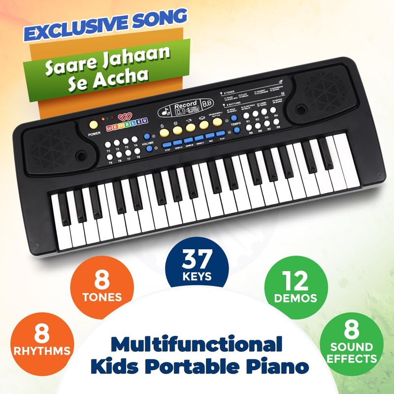 Wembley Kids Piano with Mic - Rechargeable & Portable Electronic Keyboard Musical Toy for Beginners Boys & Girls Ages 3-9 Years with Recording, 37 Keys, 8 Rhythms, 8 Tones, 6 Demos Function - Black - Image 4