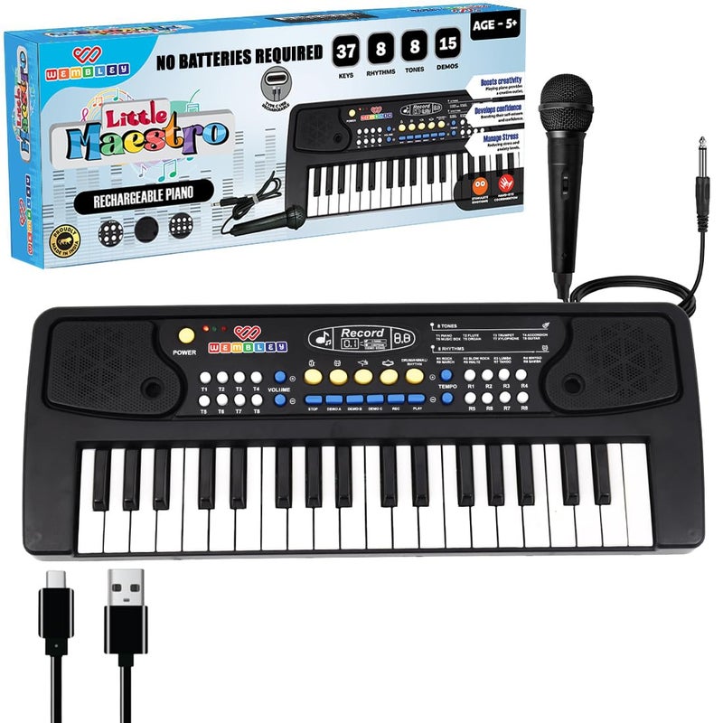 Wembley Kids Piano with Mic - Rechargeable & Portable Electronic Keyboard Musical Toy for Beginners Boys & Girls Ages 3-9 Years with Recording, 37 Keys, 8 Rhythms, 8 Tones, 6 Demos Function - Black - Image 1