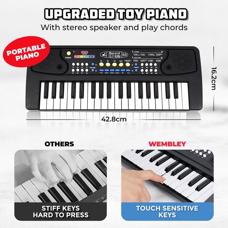 Wembley Kids Piano with Mic - Rechargeable & Portable Electronic Keyboard Musical Toy for Beginners Boys & Girls Ages 3-9 Years with Recording, 37 Keys, 8 Rhythms, 8 Tones, 6 Demos Function - Black - Image 2