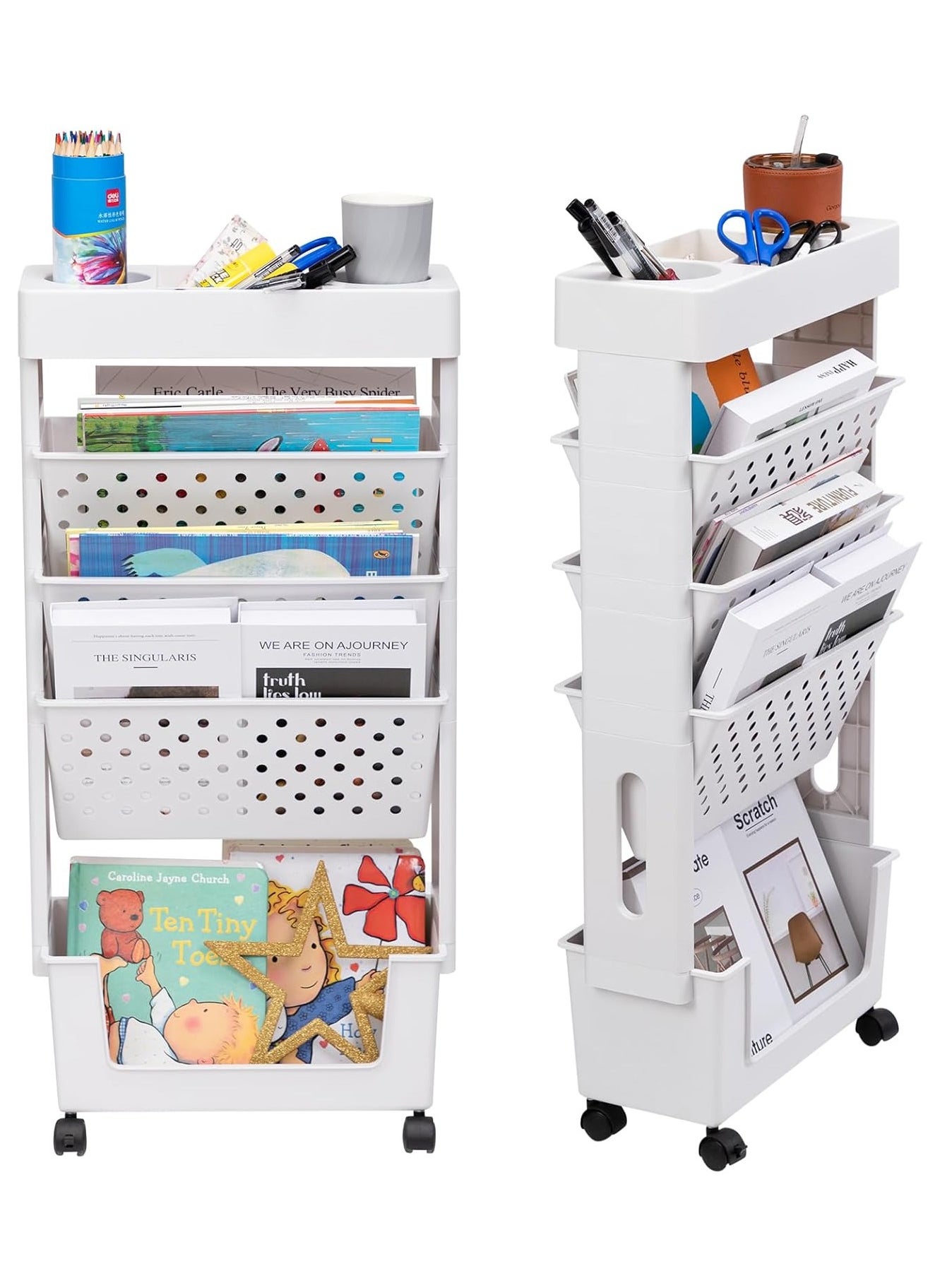 5 Tier Rolling Utility Cart Multi-Functional Movable Storage Book Shelves with Lockable Casters for Study Office Kitchen Living Room Classroom 