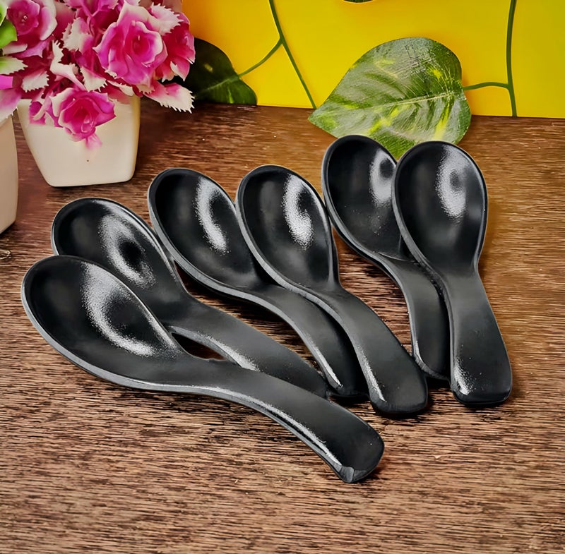 Vemlons Soup Spoons Melamine Soup Spoon Set of 6 Microwave Safe-Pack of 6/Soup Spoon Spoon Set (14cm)(Matte Black) - Image 1