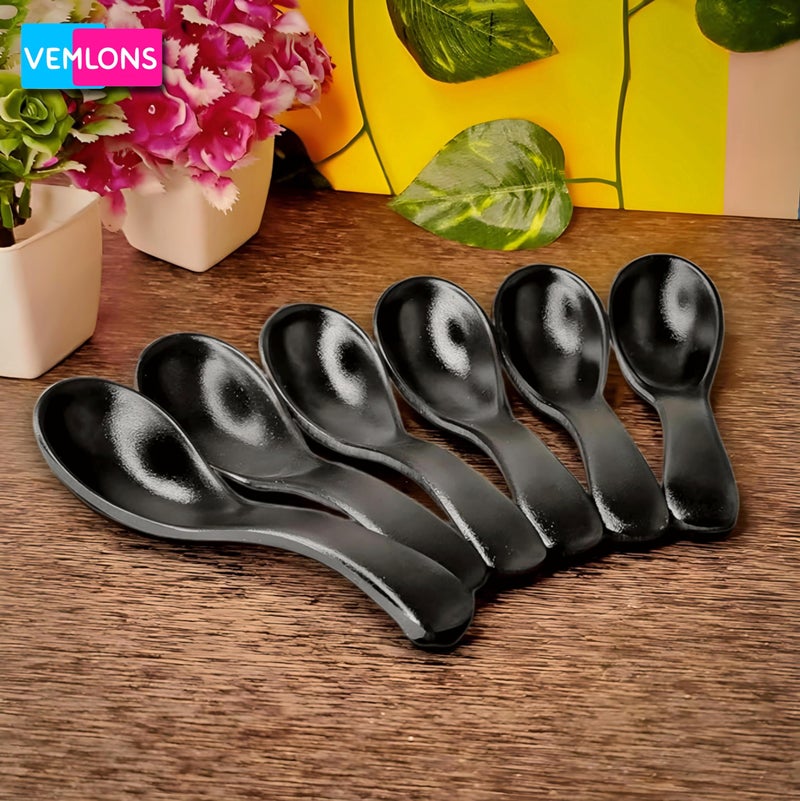 Vemlons Soup Spoons Melamine Soup Spoon Set of 6 Microwave Safe-Pack of 6/Soup Spoon Spoon Set (14cm)(Matte Black) - Image 2