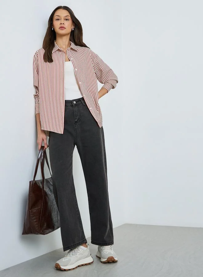 Styli  Striped Long Sleeve Oversized Shirt for Women | Best Price UAE