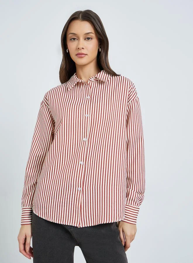 Styli  Striped Long Sleeve Oversized Shirt for Women | Best Price UAE