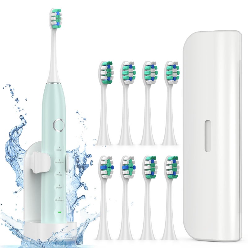 Fronix Electric Toothbrush for Adults with 8 Brush Heads, Sonic Toothbrush Rechargeable with a Holder & Travel Case, 2.5 Hours Charge for 120 Days Use - Light Green - Image 1