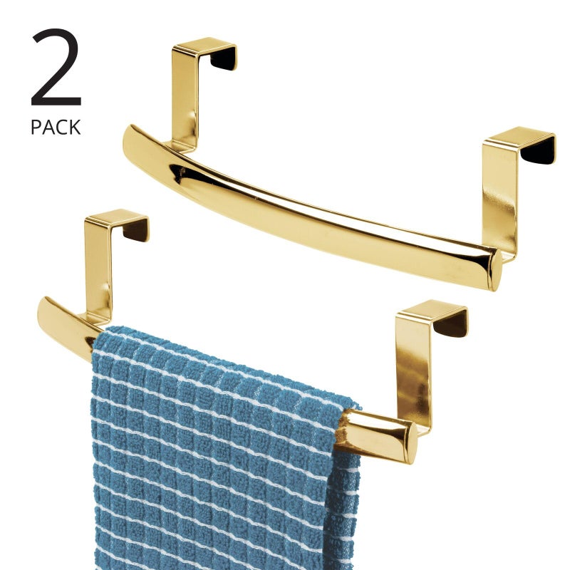mDesign Steel Over Door Curved Towel Bar Storage, Hanger for Cabinet or Cupboard, Holder Rack for Kitchen, Bathroom - Holds Hand/Dish Towels, Washcloths - Spira Collection - 2 Pack - Soft Brass - Image 2