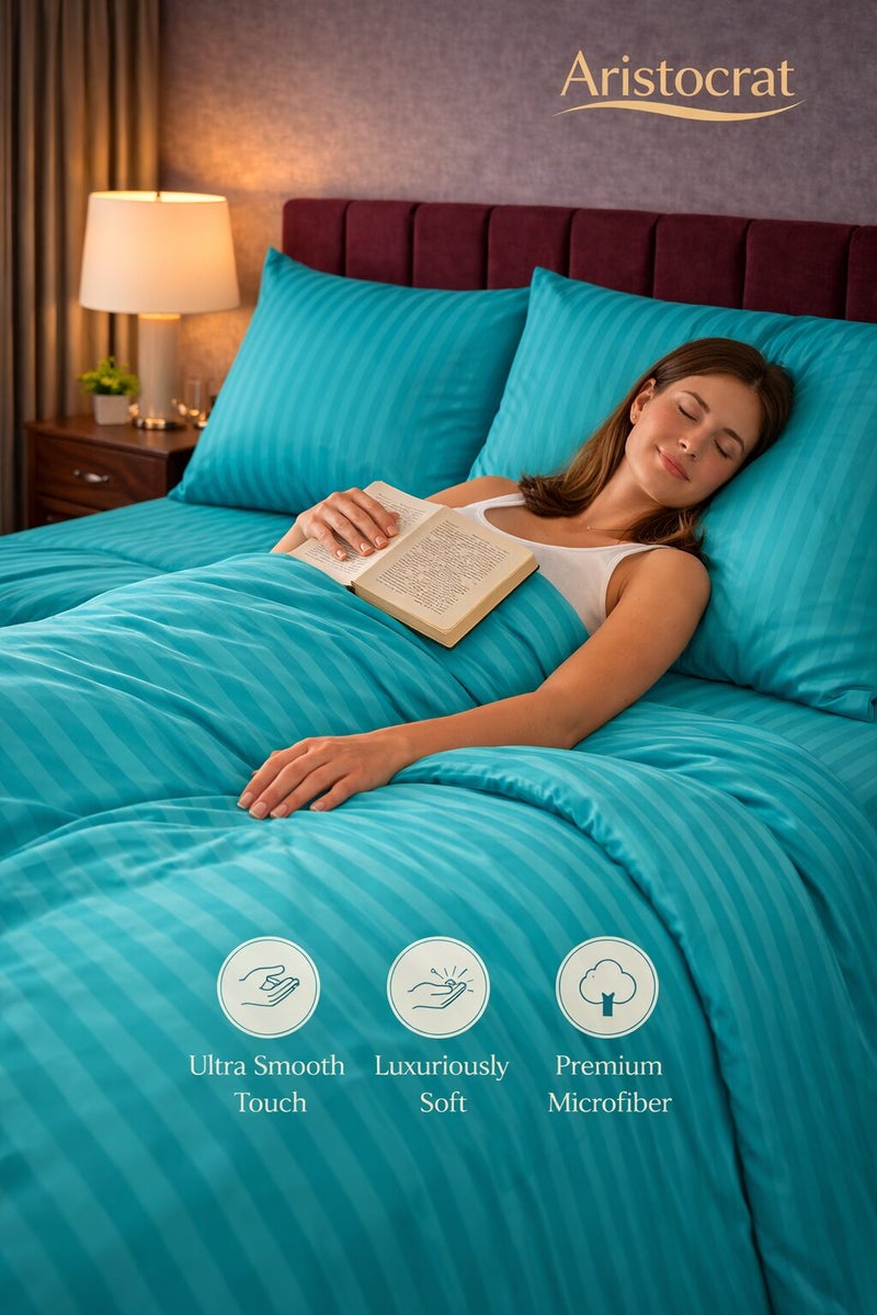Aristocrat 6-Piece Stripe Microfiber Duvet Cover Set | King | Includes 1 Duvet Cover (240x260cm), 1 Deep Pocket Fitted Sheet (200x200+30cm) & 4 Pillowcases (53x75+15cm) | Ultra Soft, Breathable & Wrinkle Resistant | Teal - Image 4