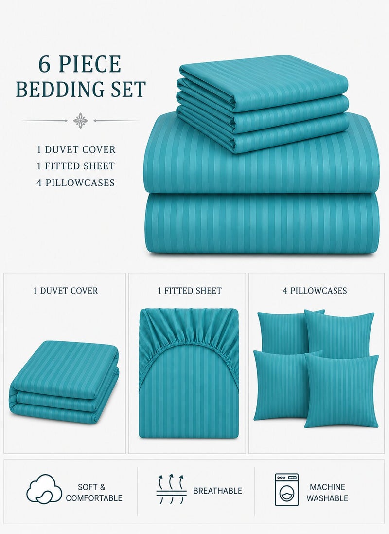 Aristocrat 6-Piece Stripe Microfiber Duvet Cover Set | King | Includes 1 Duvet Cover (240x260cm), 1 Deep Pocket Fitted Sheet (200x200+30cm) & 4 Pillowcases (53x75+15cm) | Ultra Soft, Breathable & Wrinkle Resistant | Teal - Image 2