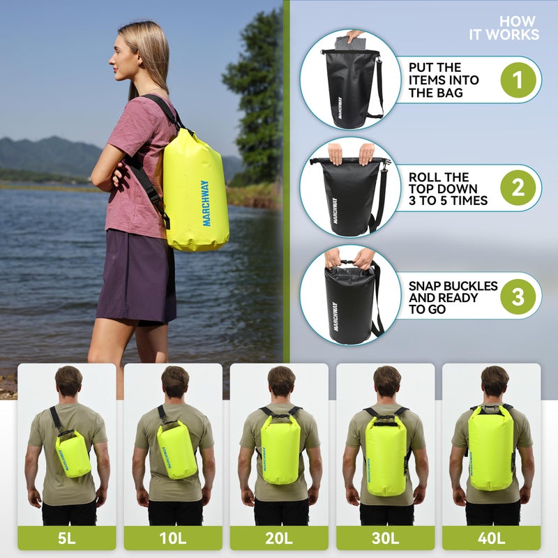 MARCHWAY Floating Waterproof Dry Bag Backpack 5L/10L/20L/30L/40L, Roll Top Sack Keeps Gear Dry for Kayaking, Rafting, Boating, Swimming, Camping, Hiking, Beach, Fishing (Bright Yellow, 40L) - Image 4