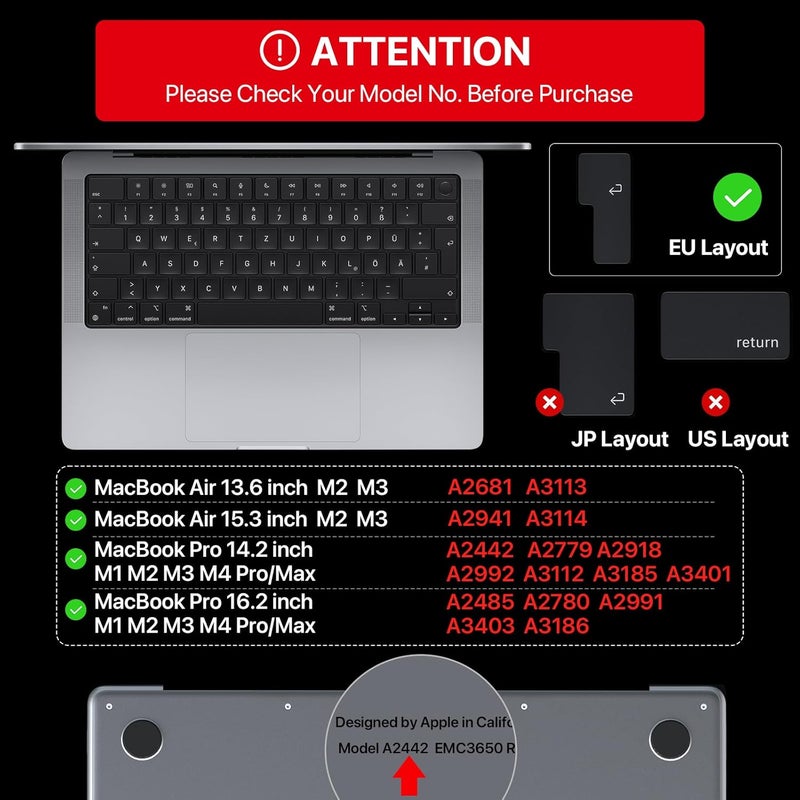 soonjet Premium Ultra Thin Keyboard Cover Protector, Compatible with 2021 2022 2023 2024 2025 M1/M2/M3/M4 Pro/Max MacBook Pro 14/16, M4/M3/M2 MacBook Air 13/15, EU/UK Layout - Image 3