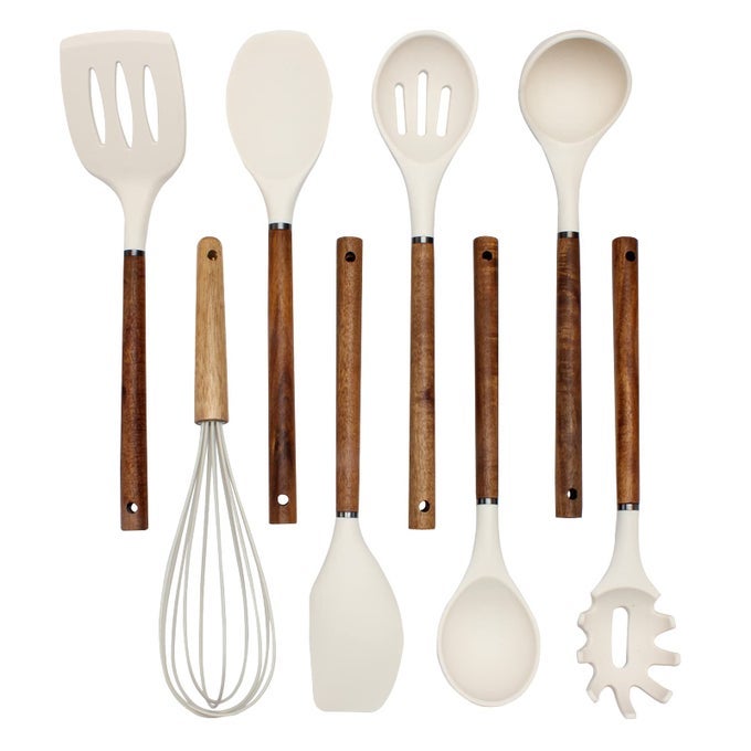 NON STICK SILICONE UTENSIL SET WITH ROUNDED WOOD HANDLES FOR COOKING AND BAKING 8 PIECE SET KHAKI