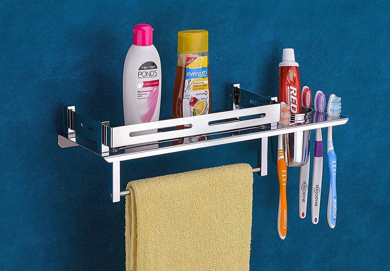 LEAWALL رف الحمام من LEAWALL من الفولاذ المقاوم للصدأ 3 في 1 / رف / شماعة مناشف / حامل فرشاة أسنان / قضيب مناشف حامل فرشاة أسنان من الفولاذ المقاوم للصدأ حامل مناشف من الفولاذ - Image 4