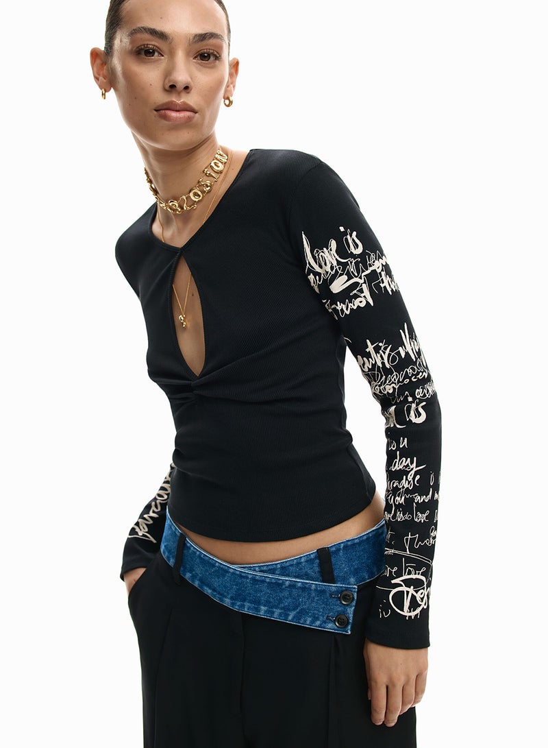 DESIGUAL Long-Sleeved T-Shirt With A Ruched Front Opening Detail At The Chest - Image 3