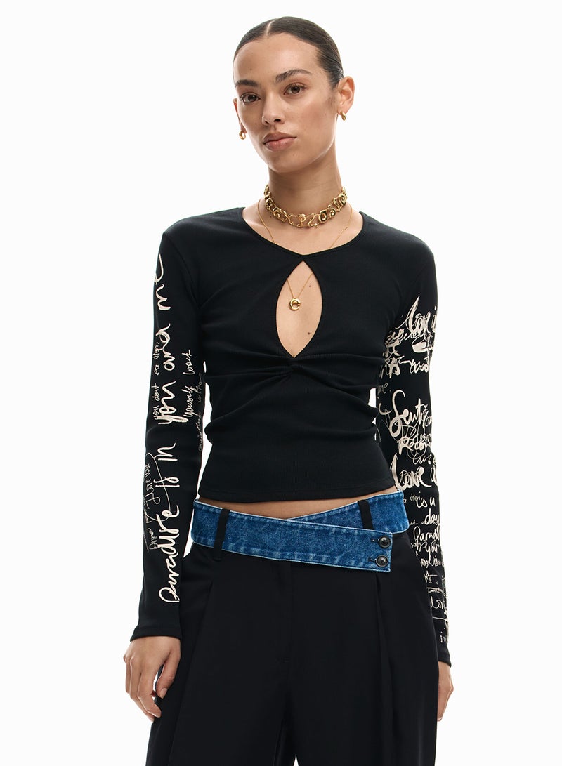 DESIGUAL Long-Sleeved T-Shirt With A Ruched Front Opening Detail At The Chest - Image 1