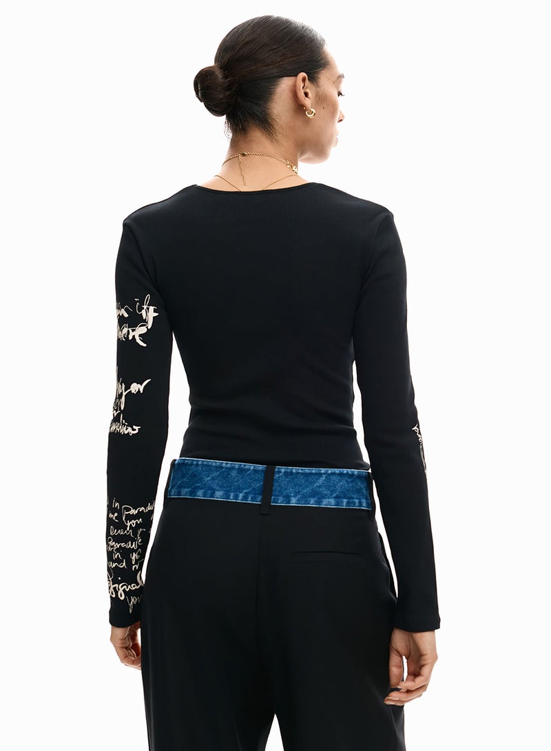 DESIGUAL Long-Sleeved T-Shirt With A Ruched Front Opening Detail At The Chest - Image 4