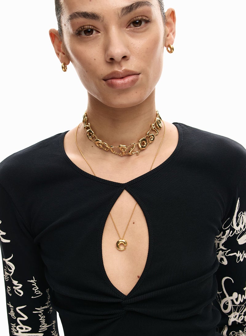 DESIGUAL Long-Sleeved T-Shirt With A Ruched Front Opening Detail At The Chest - Image 5