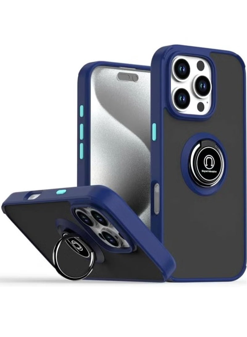 iPhone 16 Plus Case Cover – Blue Matte Shockproof Bumper with Metal Ring Holder Kickstand & Car Magnetic Mount - Image 1