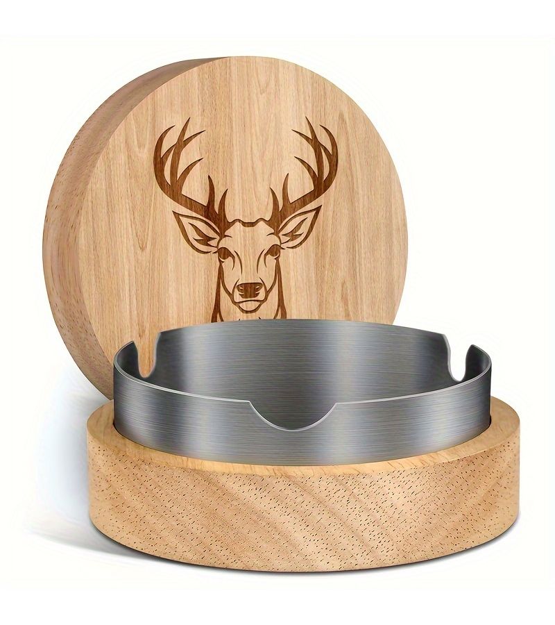 A Wooden Ashtray With Oak Deer Head Design And Silvery Lid For Ash Control Home Office Car Decorative Travel Use - Image 4