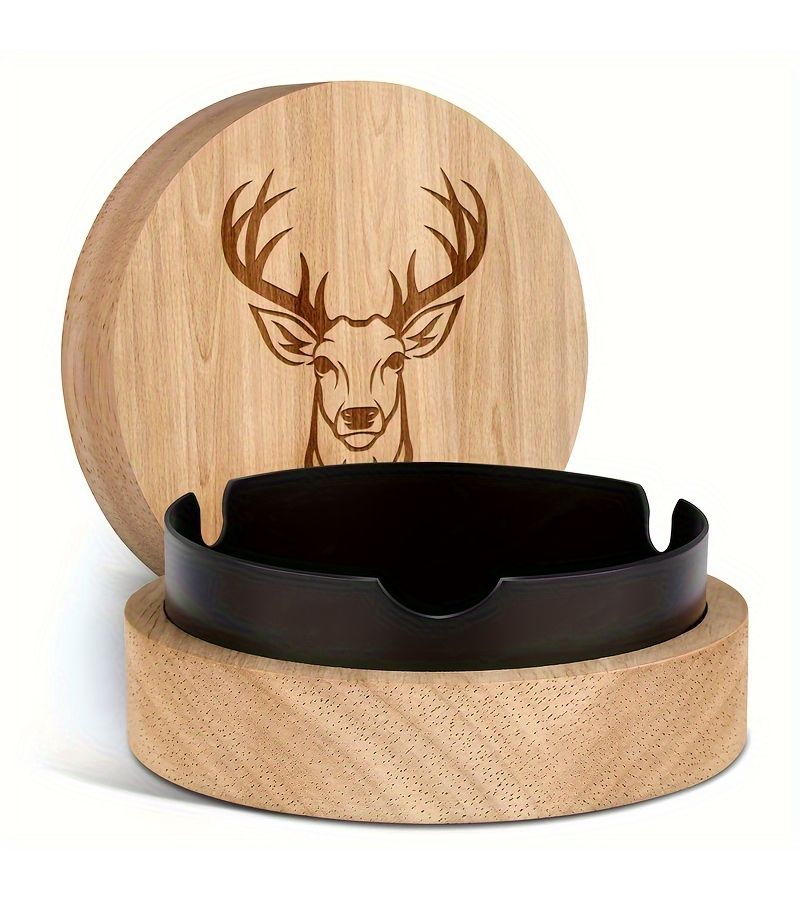 A Wooden Ashtray With Oak Deer Head Design And Silvery Lid For Ash Control Home Office Car Decorative Travel Use - Image 2