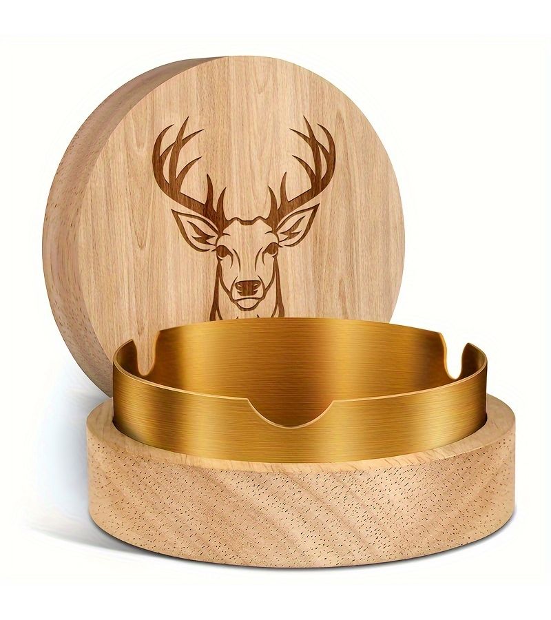 A Wooden Ashtray With Oak Deer Head Design And Silvery Lid For Ash Control Home Office Car Decorative Travel Use - Image 5