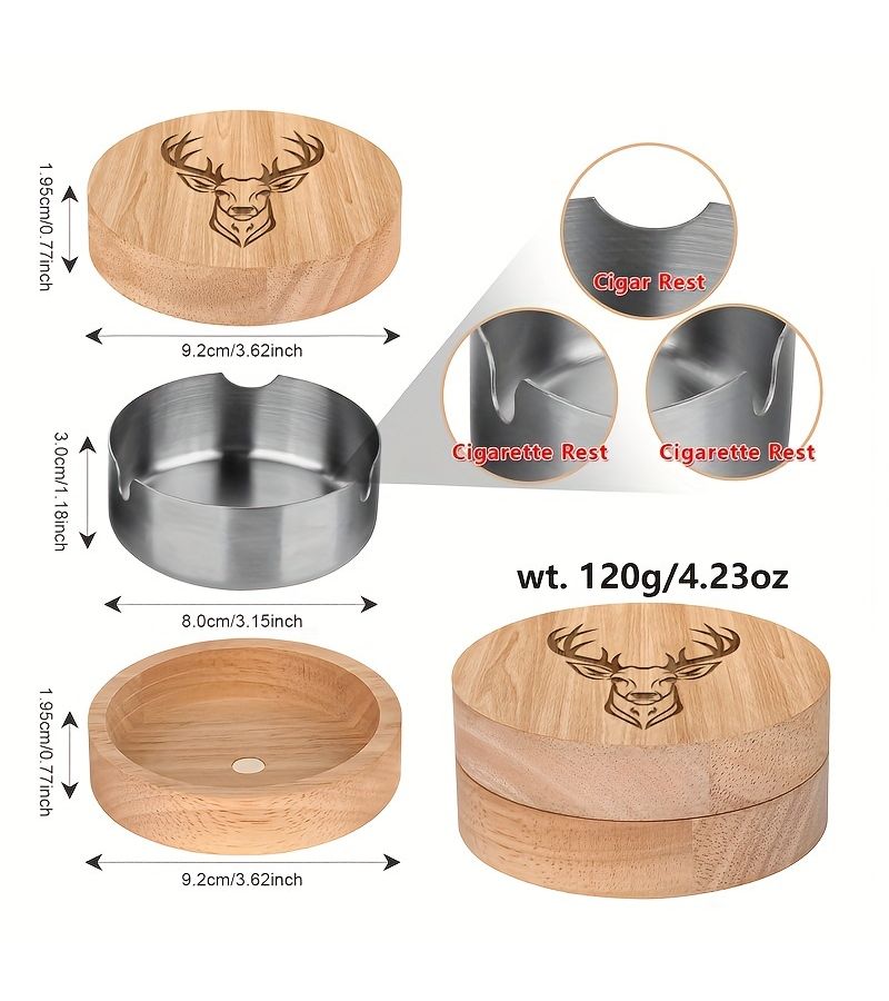 A Wooden Ashtray With Oak Deer Head Design And Silvery Lid For Ash Control Home Office Car Decorative Travel Use - Image 3