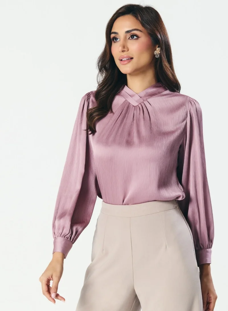 Zigzag High VNeck Pleated Lavender Top