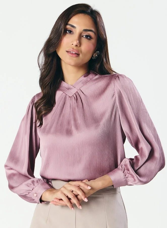 Zigzag High VNeck Pleated Lavender Top