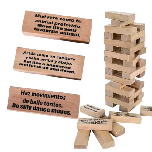 Magictodoor Spanish Learning Games for Kids Stacking Tower Game Bilingual Gifts for Family Classroom 54 Blocks with Hilarious Commands Ideal Board Game - Image 1