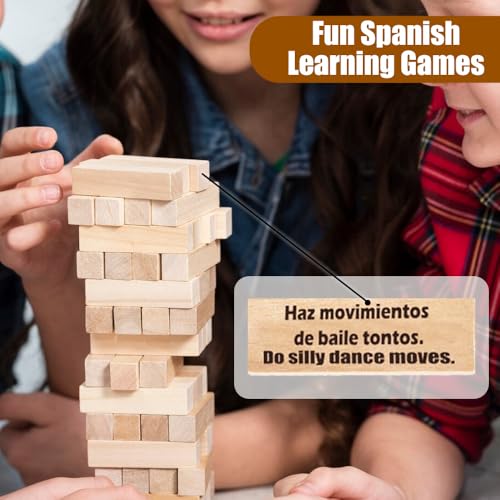 Magictodoor Spanish Learning Games for Kids Stacking Tower Game Bilingual Gifts for Family Classroom 54 Blocks with Hilarious Commands Ideal Board Game - Image 5