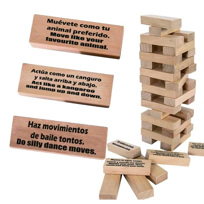 Magictodoor Spanish Learning Games for Kids Stacking Tower Game Bilingual Gifts for Family Classroom 54 Blocks with Hilarious Commands Ideal Board Game - Image 3