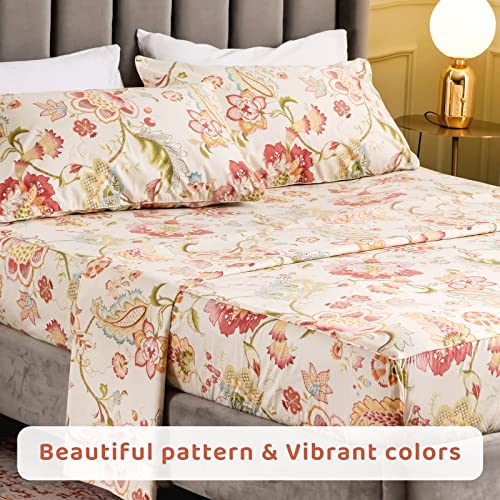 QSH Floral Bed Sheets Set - Queen Size Boho Lotus Print Bed Sheet Set - Extra Soft and Breathable 100% Egyptian Cotton - Farmhouse Bedding - 4 pcs Deep Pockets Flower Bed Sheets - Image 5